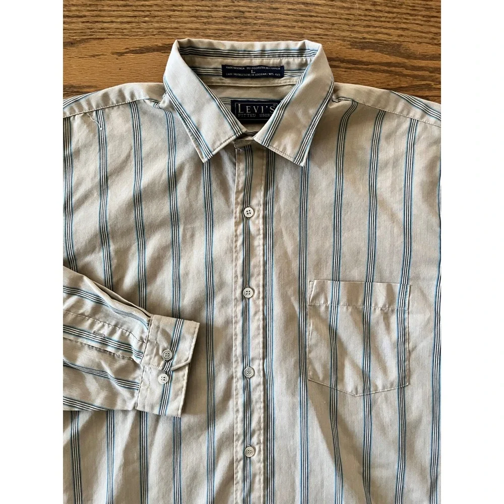 Vintage Levis Fitted Shirt Mens Large Tan Blue Striped Long Sleeve Button Down
